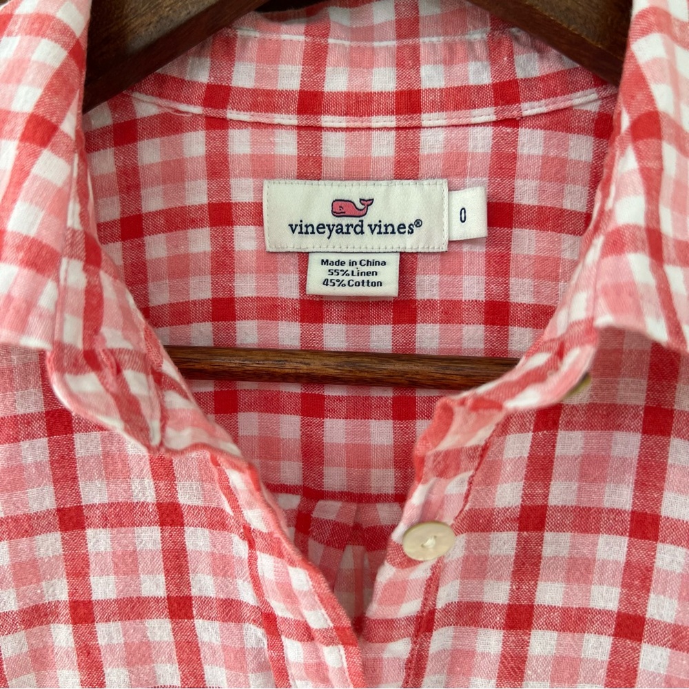 Vineyard Vines Red Pink Gingham Linen Cotton Button Blend Down Shirt Top Size 0 - Picture 3 of 16